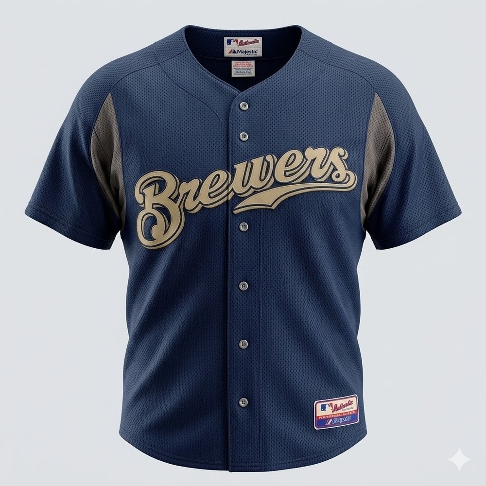 Majestic Milwaukee Brewers MLB Jersey Mens XL Navy Blue Gold Script Vintage #59